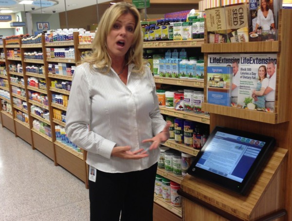 The computer in the wellness department can help shoppers learn about supplements and recipes to try for various dietary restrictions.