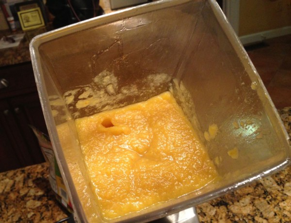 cooked pumpkin being blended in a regular old blender in small batches